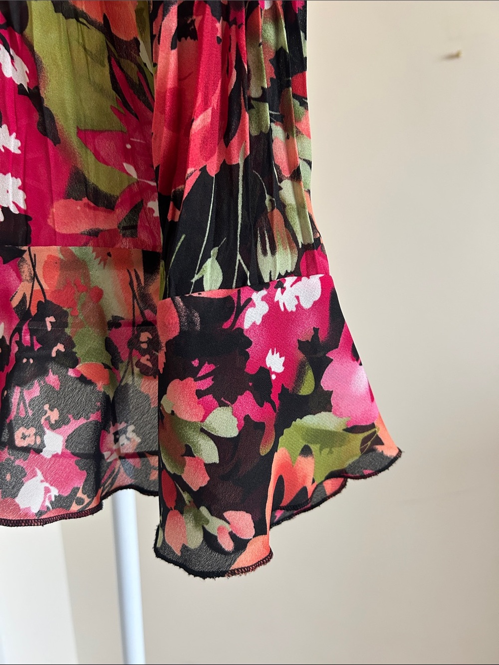 Size M | Allison Taylor | Black Floral Ruffle V-Neck Blouse with Pink & Green - Picture 5 of 11